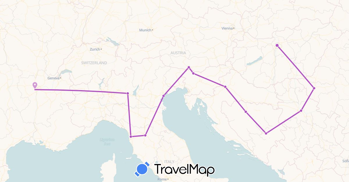 TravelMap itinerary: driving, train in Austria, Bosnia and Herzegovina, France, Croatia, Hungary, Italy, Romania, Serbia, Slovenia (Europe)